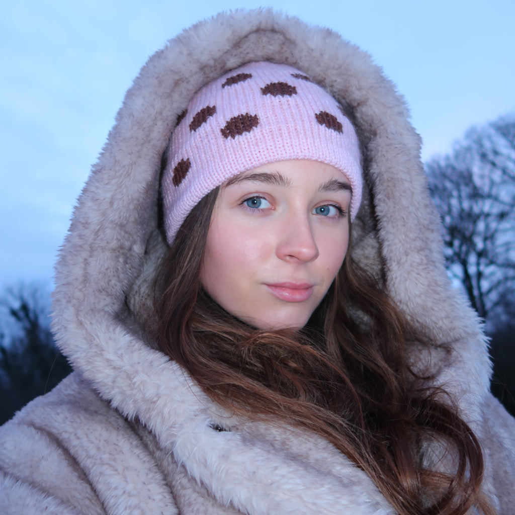 Pink beanie with brown polka dots