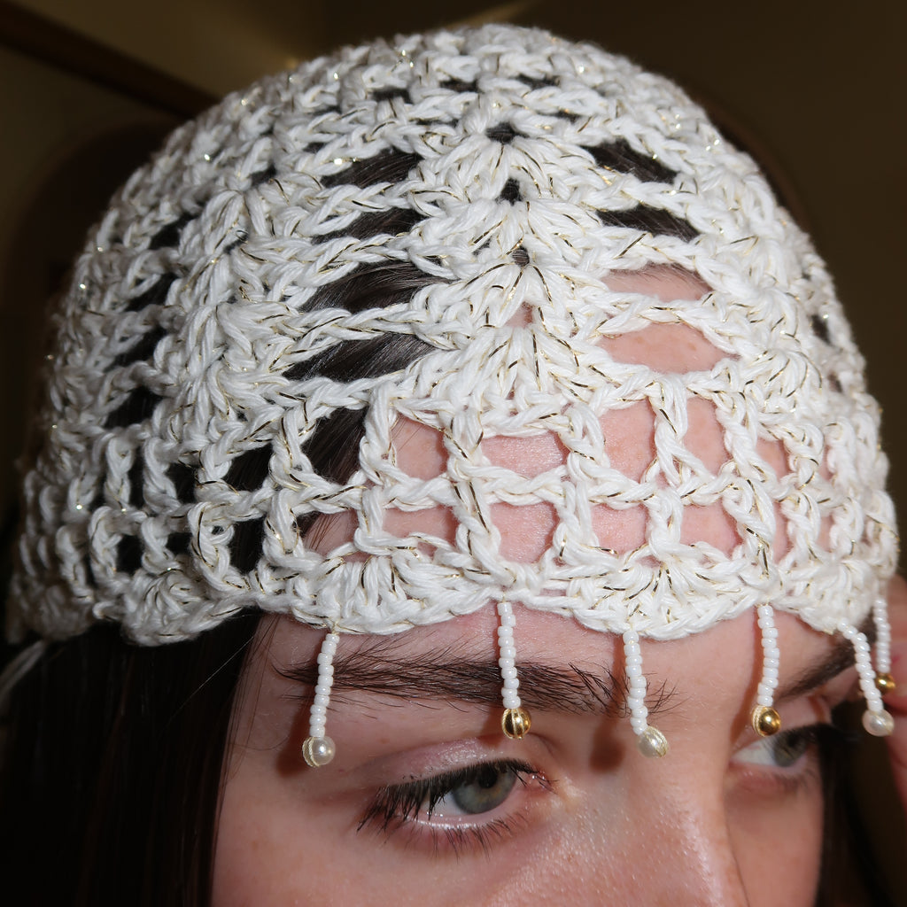 White and gold beaded sparkly mesh hat