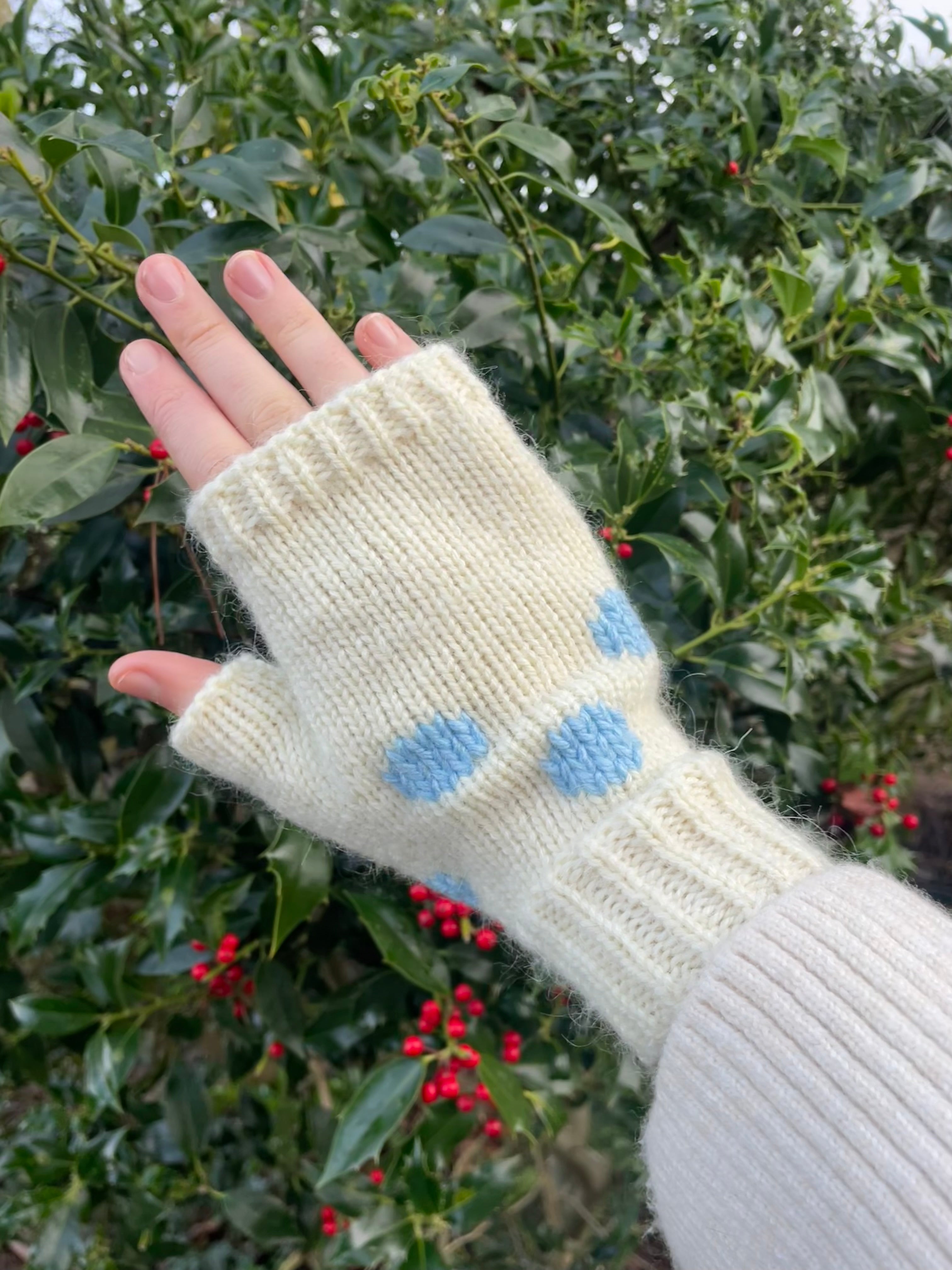 Cream and blue polka dot fingerless gloves