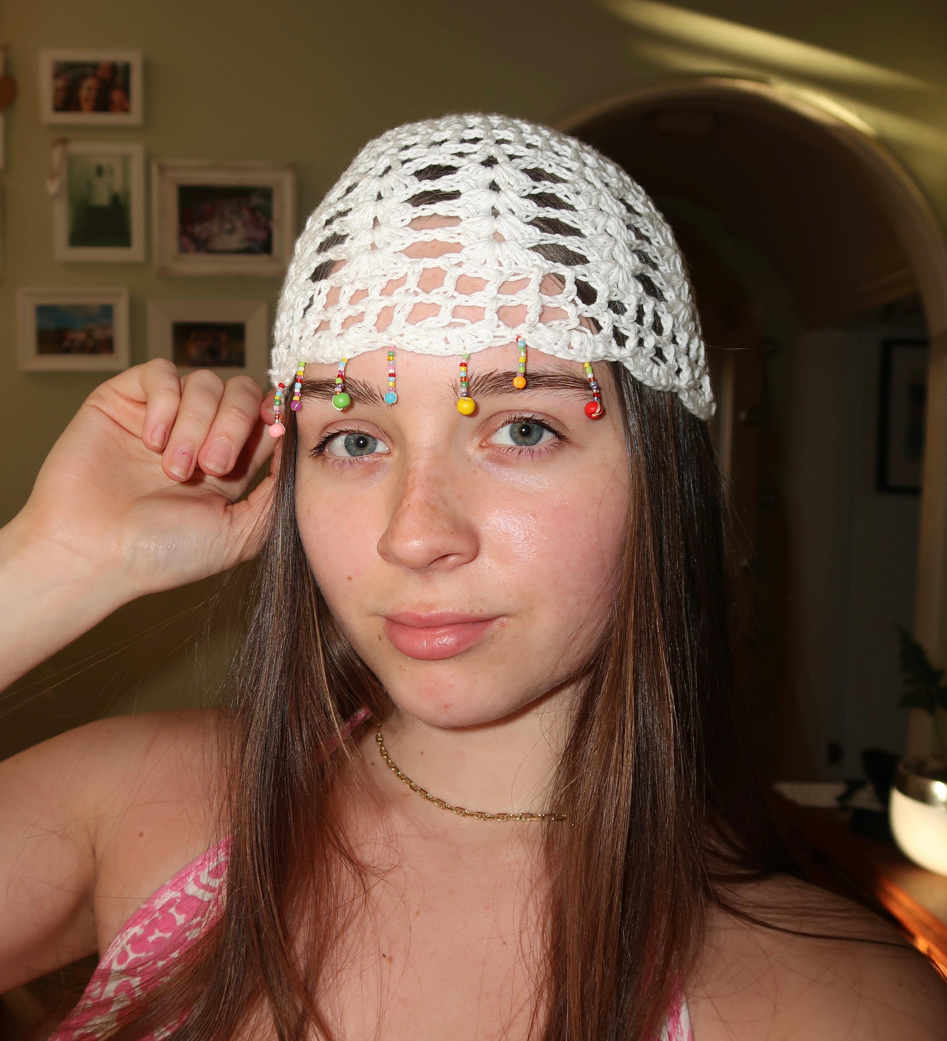 Crochet multicoloured beaded mesh hat