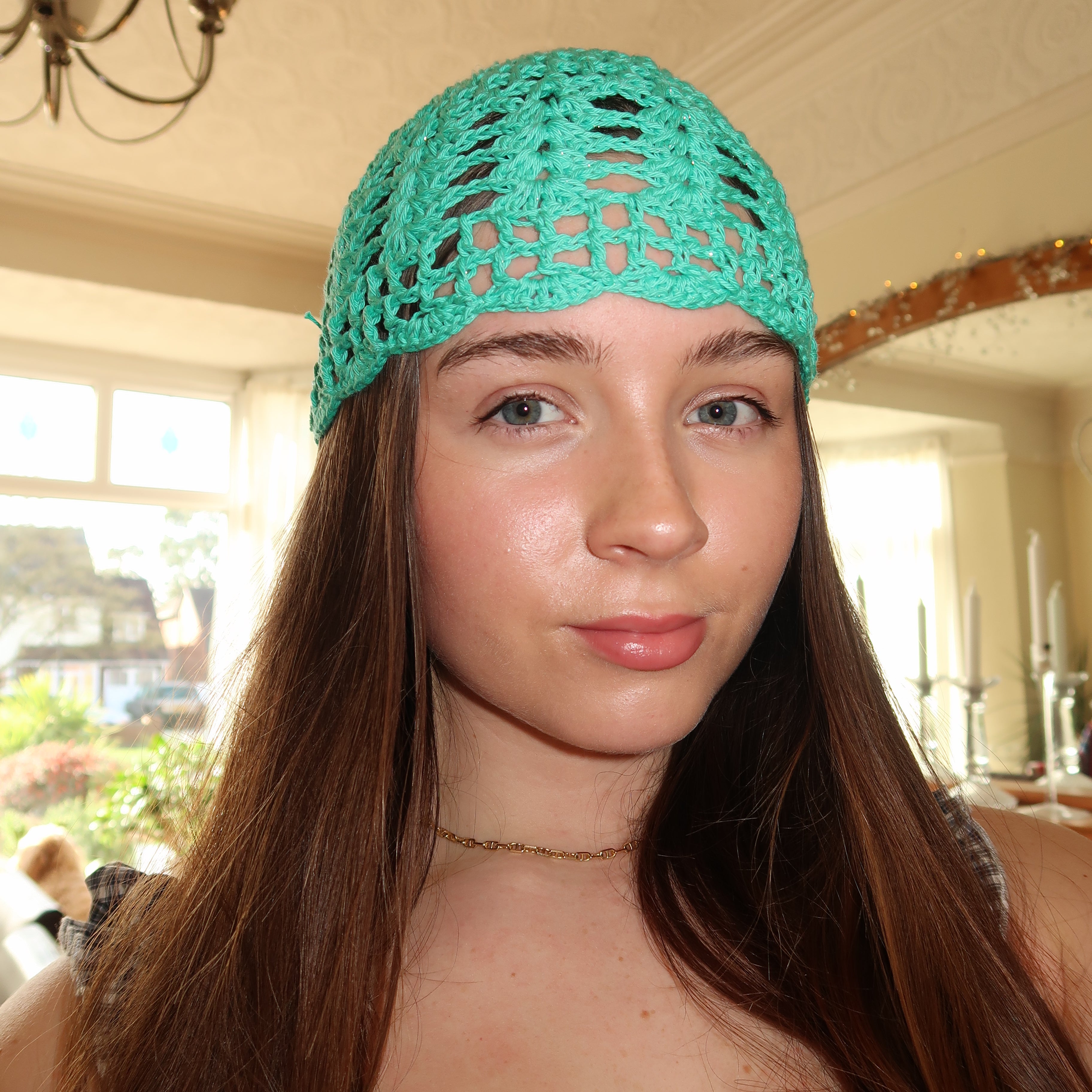 Mint green sparkly crochet mesh hat