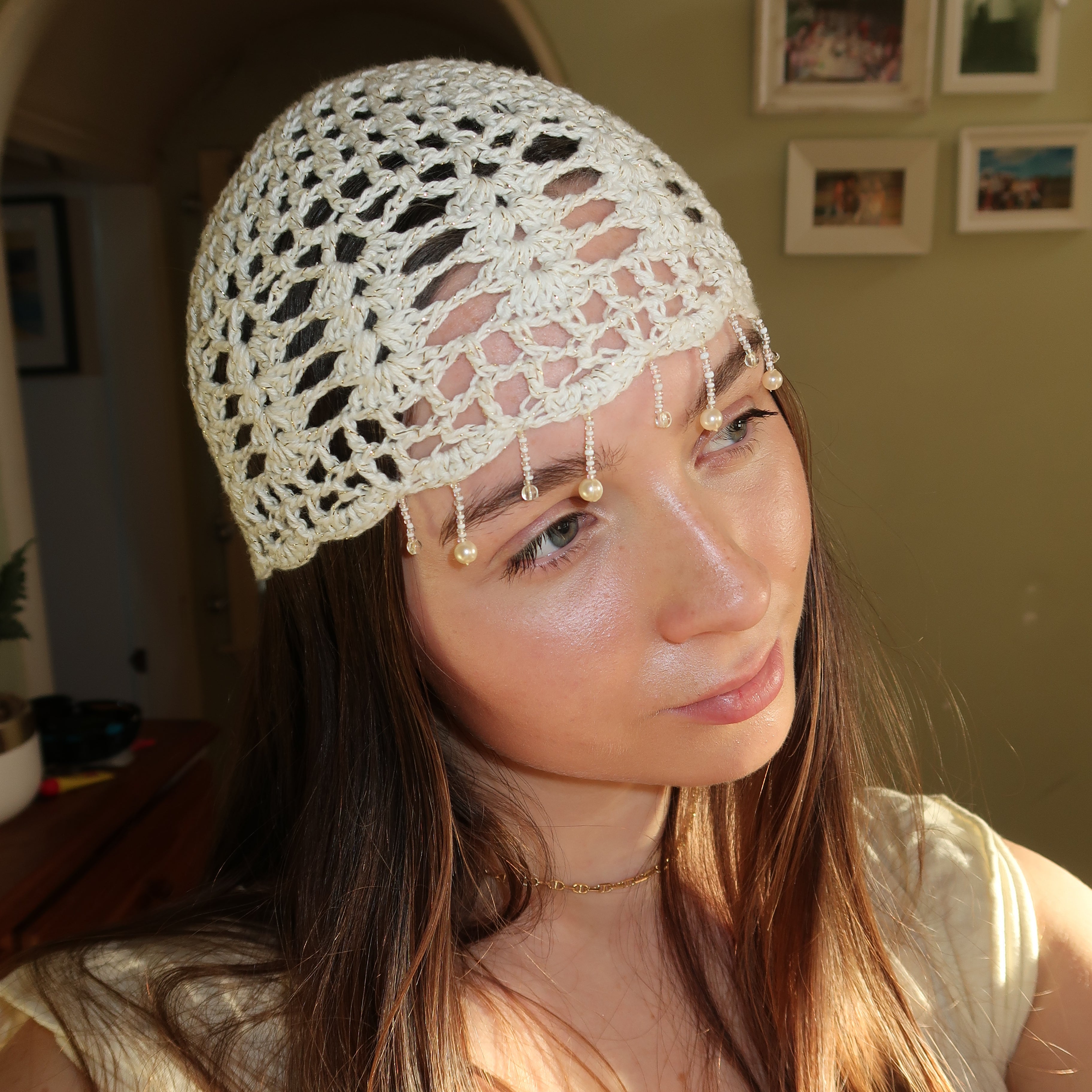 White and gold sparkly beaded crochet mesh hat