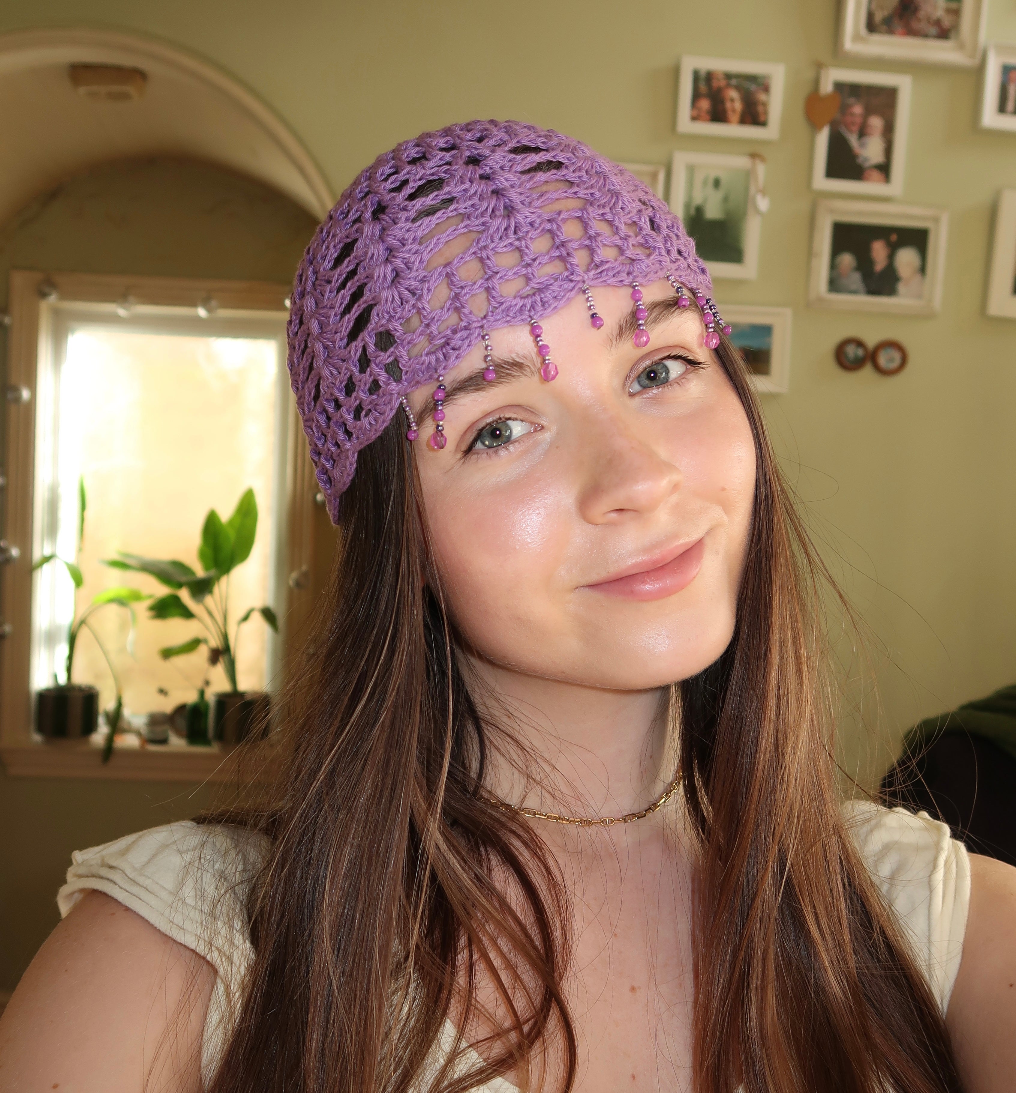 Purple sparkly beaded crochet mesh hat