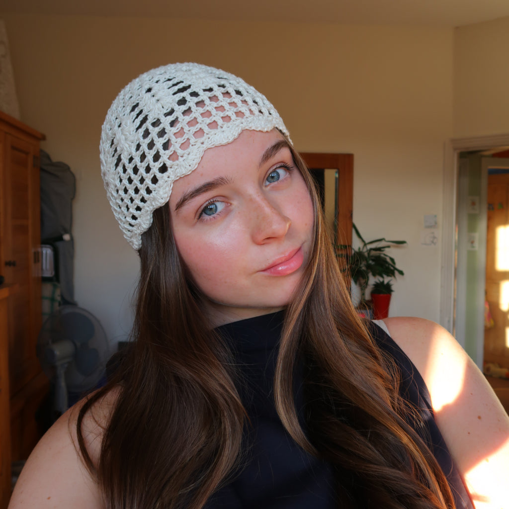 Cream crochet detailed mesh hat
