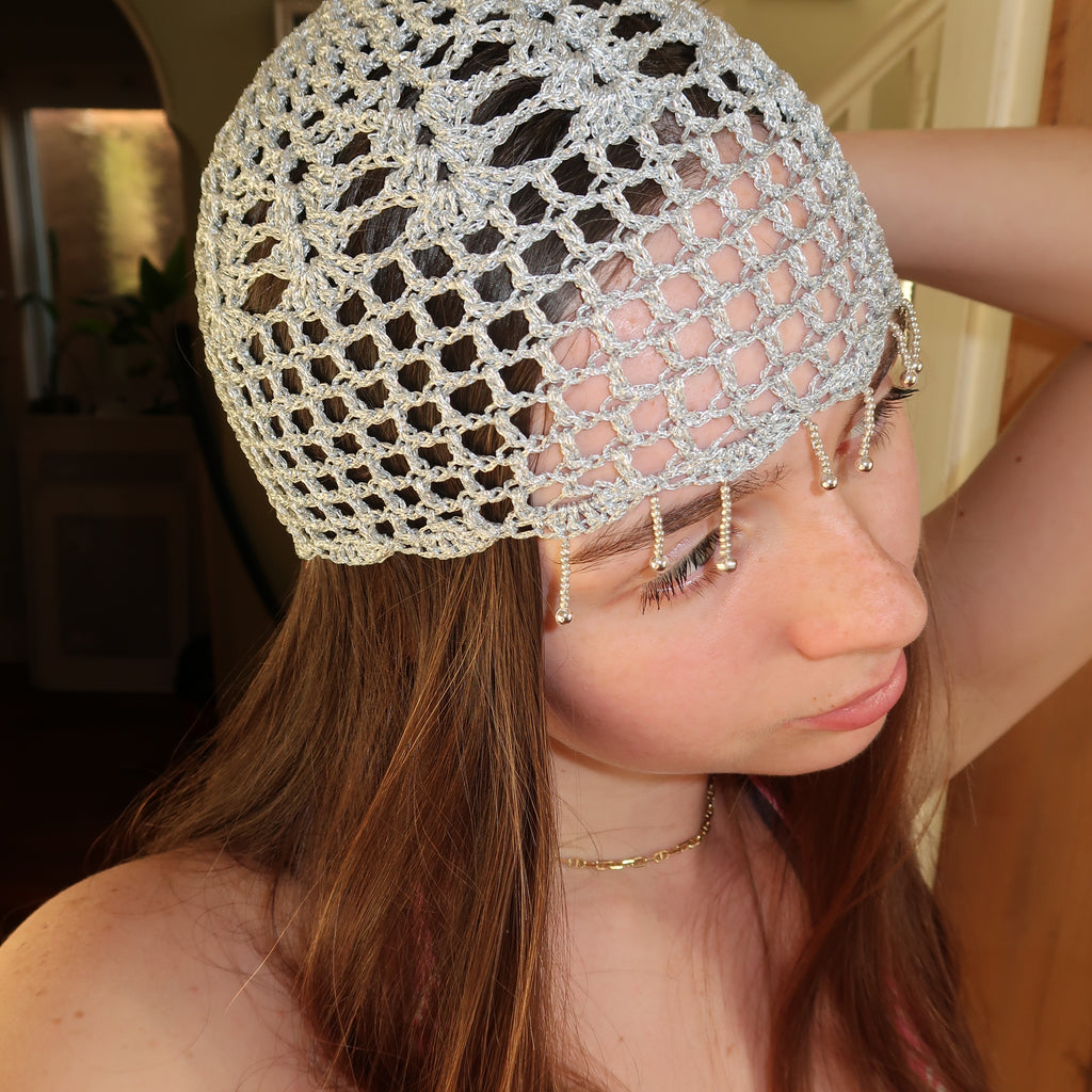 Silver sparkly beaded mesh hat